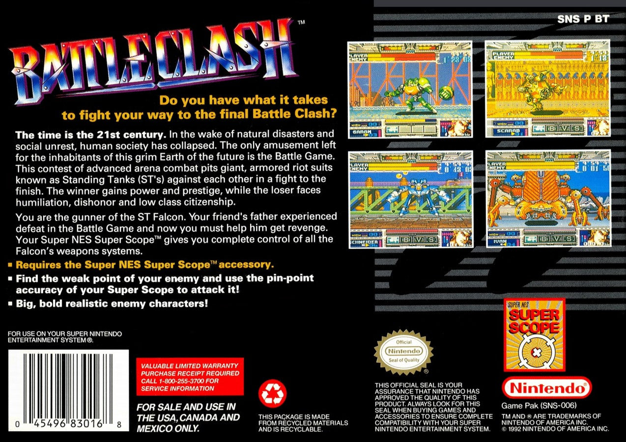 Battle Clash retro SNES video game Battle Clash sci fi mech combat light gun shooter futuristic robot battles arcade style action gameplay console title Super Nintendo release back of case