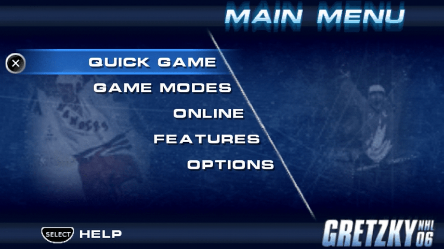Gretzky NHL 06 main menu screen for Playstation Portable (PSP) sports video game