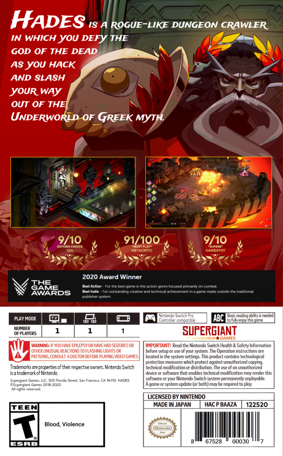 Hades Nintendo Switch game featuring fast-paced roguelike dungeon action and Greek mythology storytelling back cover