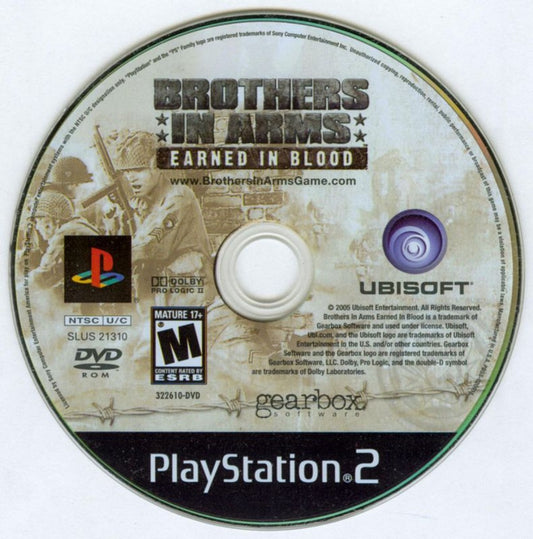 Brothers in Arms: Earned in Blood dsic cover art for PlayStation 2 (PS2) first-person shooter video game.