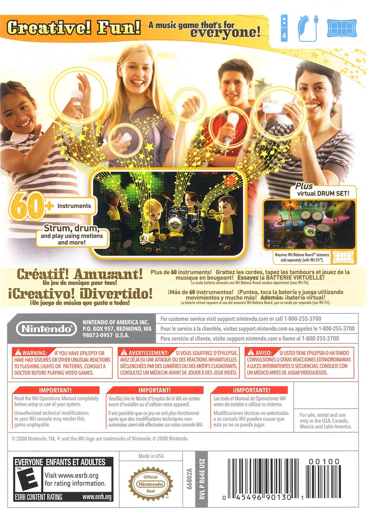 Wii Music back cover art for Nintendo Wii (Wii) featuring motion‑controlled music creation with virtual instruments, jam sessions, and playful performance modes.