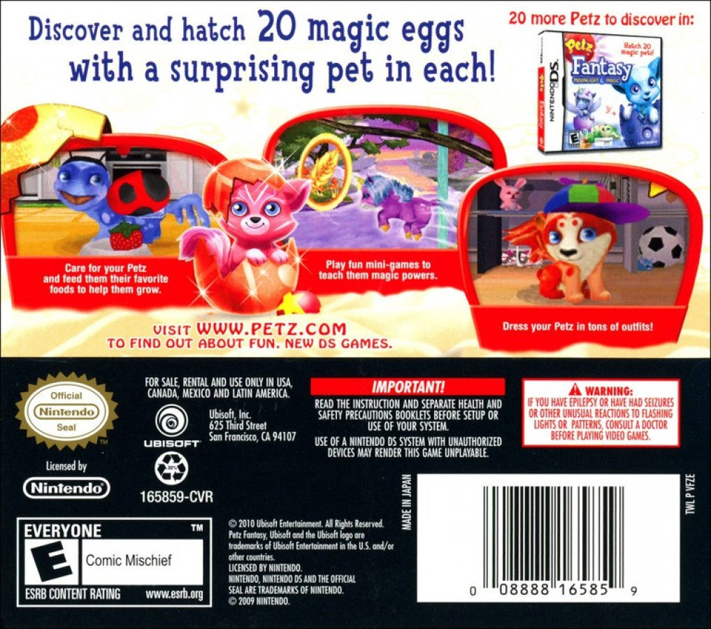 Petz: Fantasy: Sunshine Magic back of case for Nintendo DS (DS) fantasy pet simulation video game