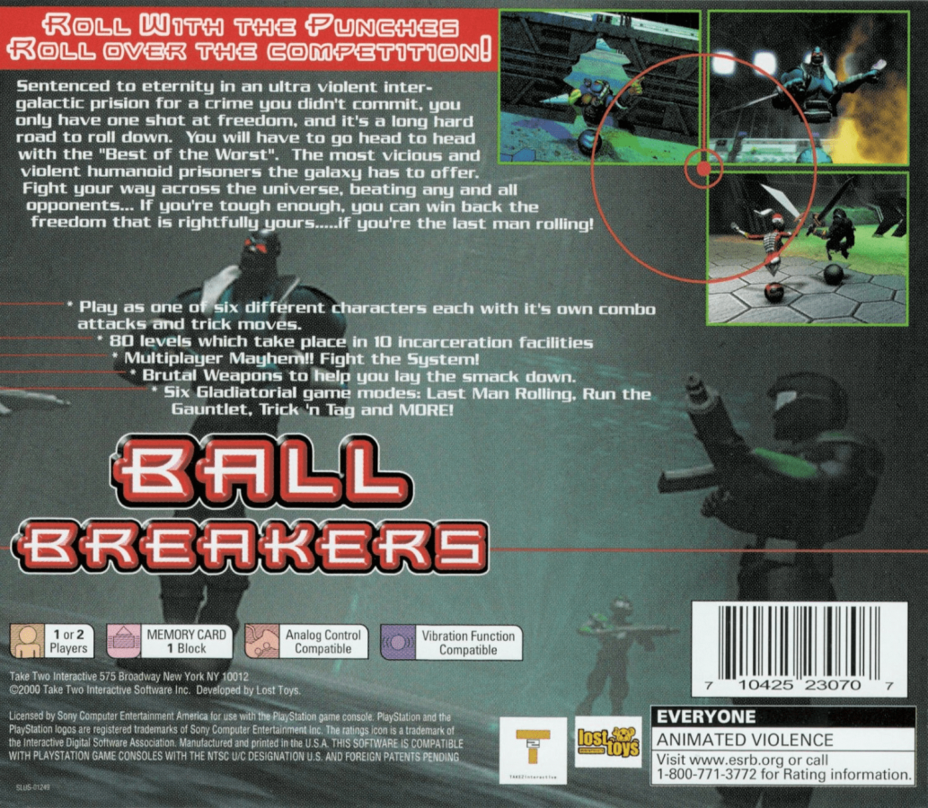 Ball Breakers back of case for PlayStation 1 (PS1) retro arcade style video game