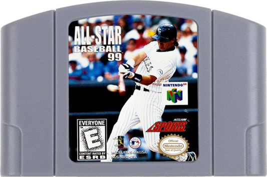 All-Star Baseball 99 game for the Nintendo 64 featuring baseball simulation gameplay with realistic MLB teams season modes batting and pitching mechanics and fielding controls in a complete in box retail release format cartrridge