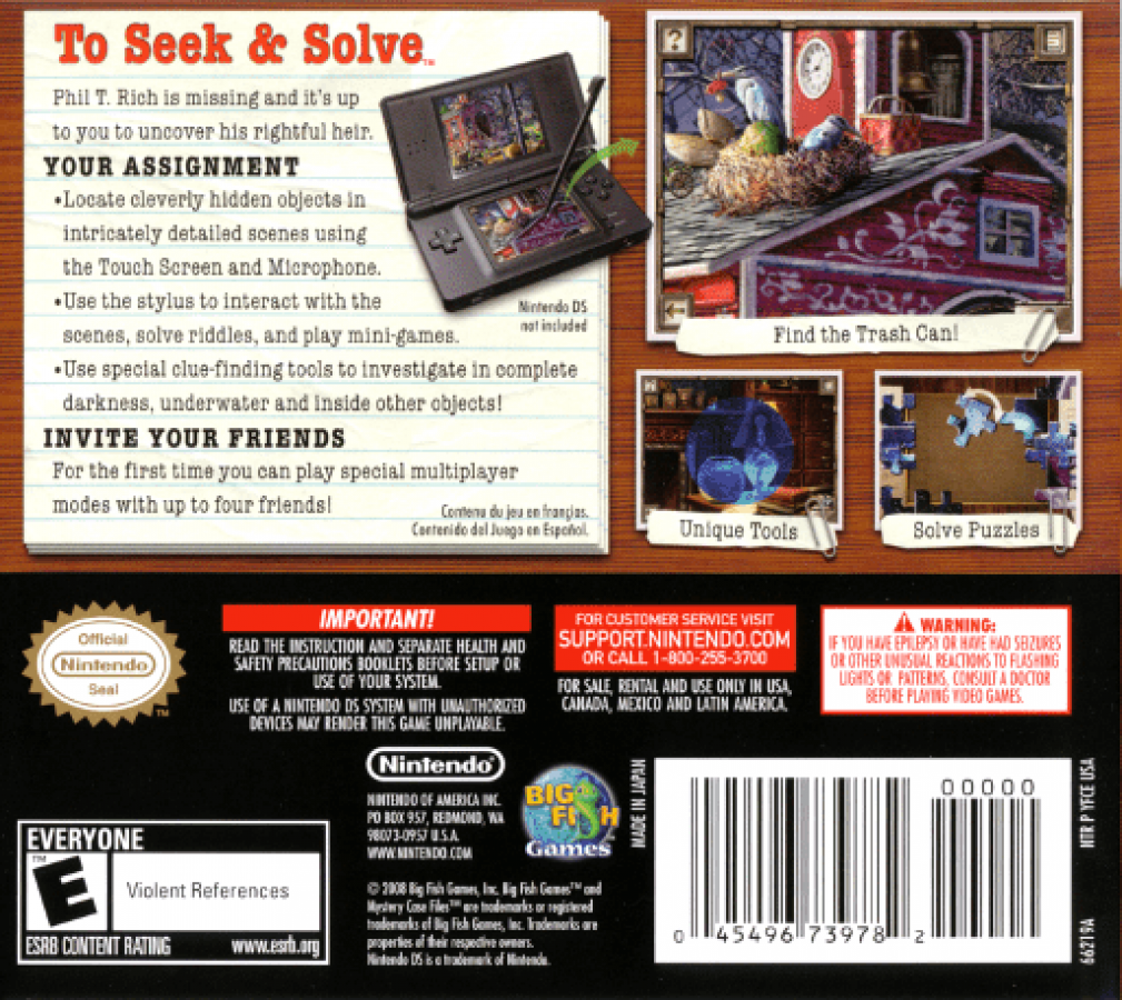 Mystery Case Files MillionHeir Nintendo DS video game, hidden object puzzle gameplay, mystery investigation, handheld console title back cover
