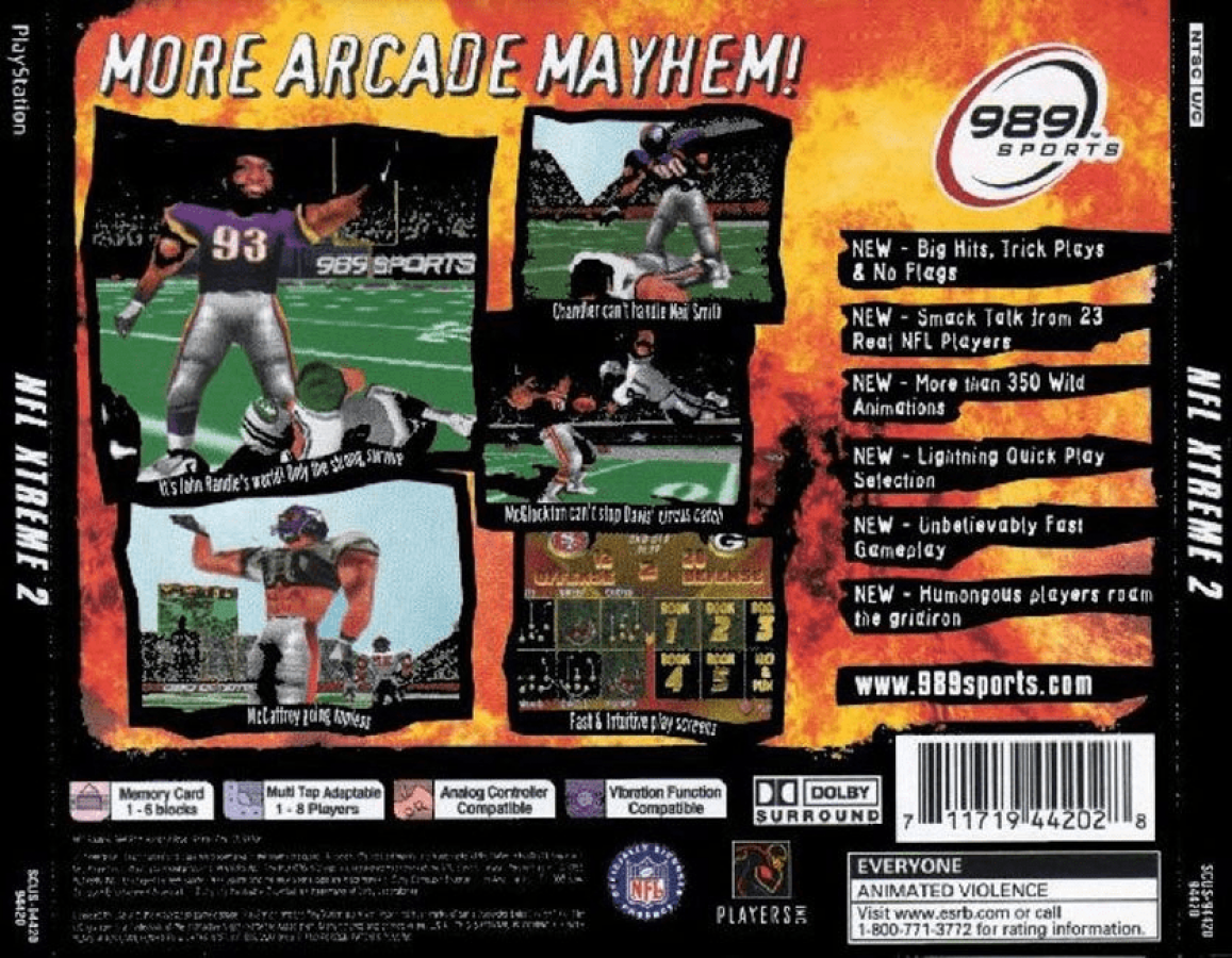 NFL Xtreme 2 back of case for PlayStation 1 (PS1) retro football video game