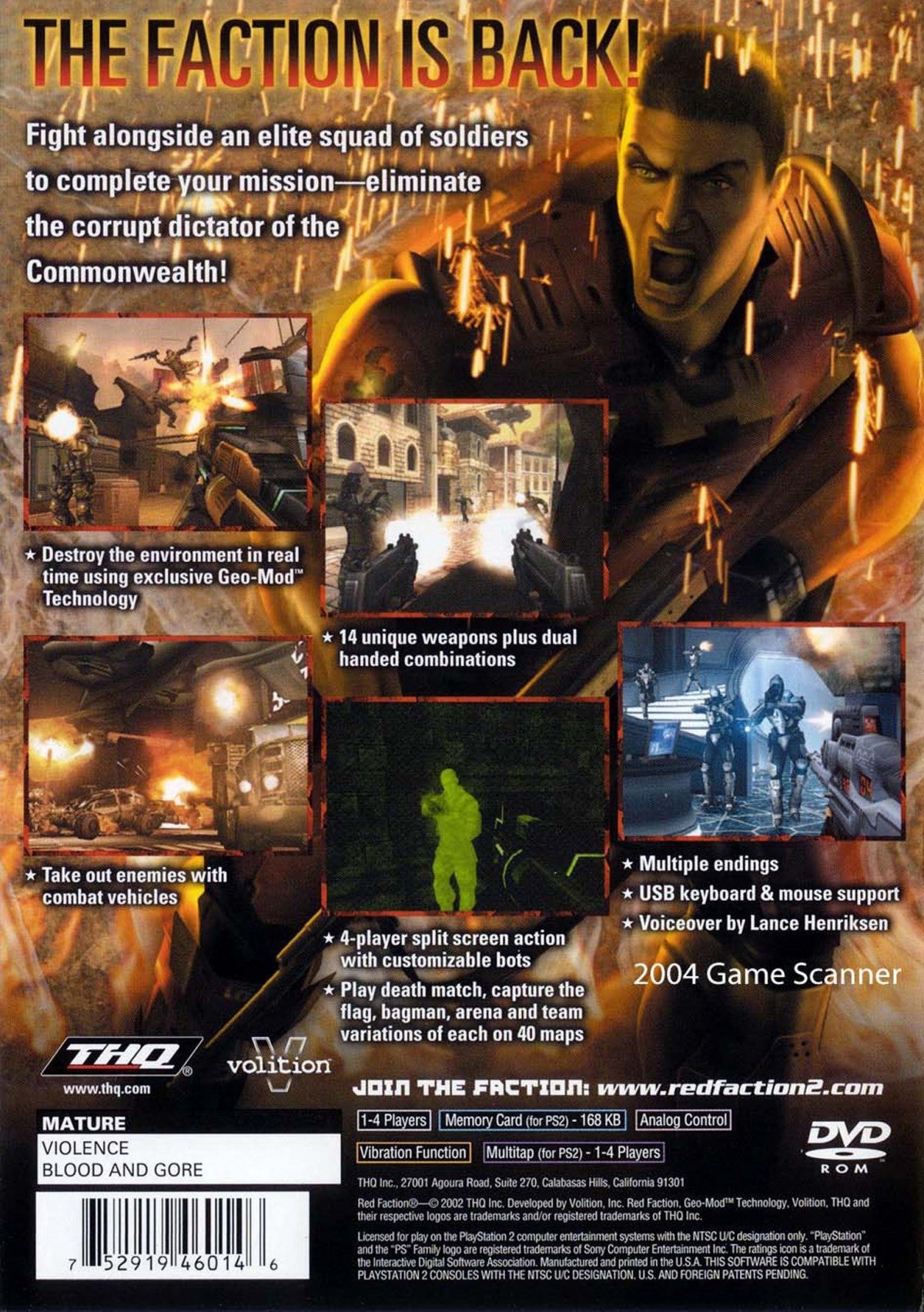 Red Faction II – PlayStation 2 (PS2) video game back of case, first-person sci-fi shooter.