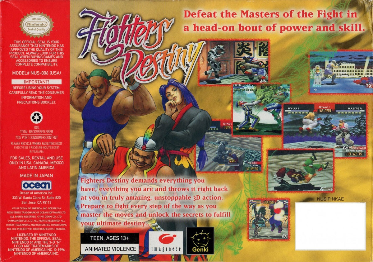 Fighters Destiny Nintendo 64 N64 video game featuring 3D fighting gameplay martial arts combat competitive matches strategic fighting mechanics special moves character battles arena action and classic 64 bit Nintendo gameplay retro video game collection collectible gaming appeal back cover art