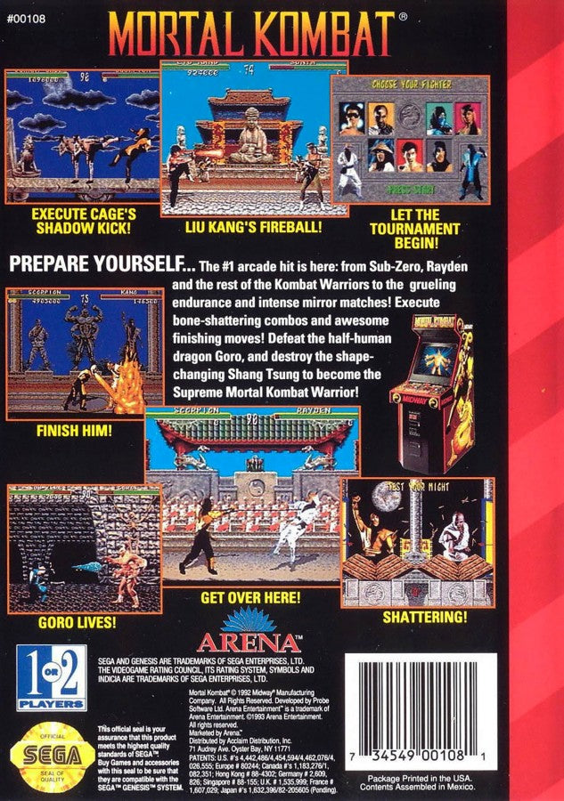 Mortal Kombat back cover art for Sega Genesis GEN video game