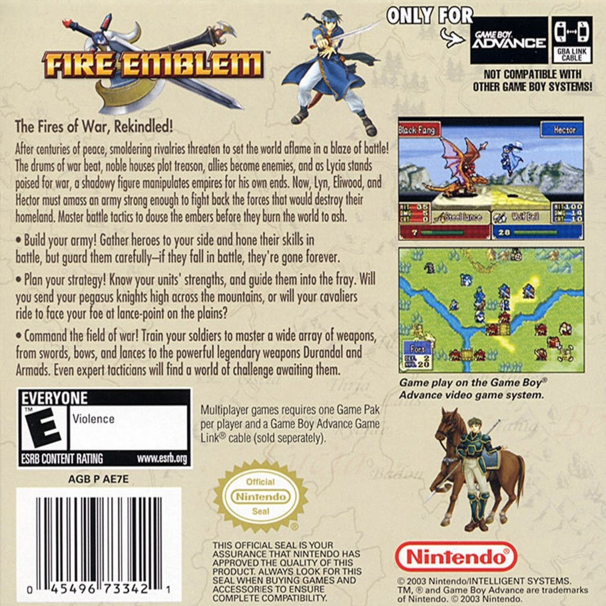 Fire Emblem cartridge for the Game Boy Advance featuring tactical RPG gameplay with grid based battles character recruitment permadeath mechanics and a fantasy storyline following Eliwood Hector and Lyn back cover art