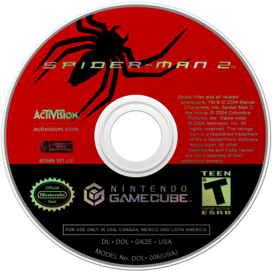Spider-Man 2 Nintendo GameCube open-world action-adventure web-swinging combat missions based on the film Doctor Octopus villain disc art