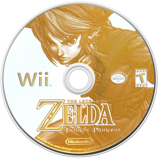 The Legend of Zelda: Twilight Princess disc art for Nintendo Wii (Wii) featuring epic action‑adventure gameplay with motion‑controlled sword combat, puzzle‑filled dungeons, and Link’s transformation into a wolf.