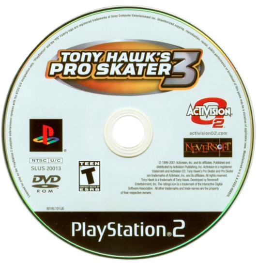 Tony Hawk's Pro Skater 3 – PlayStation 2 (PS2) video game disc, skateboarding sports action.