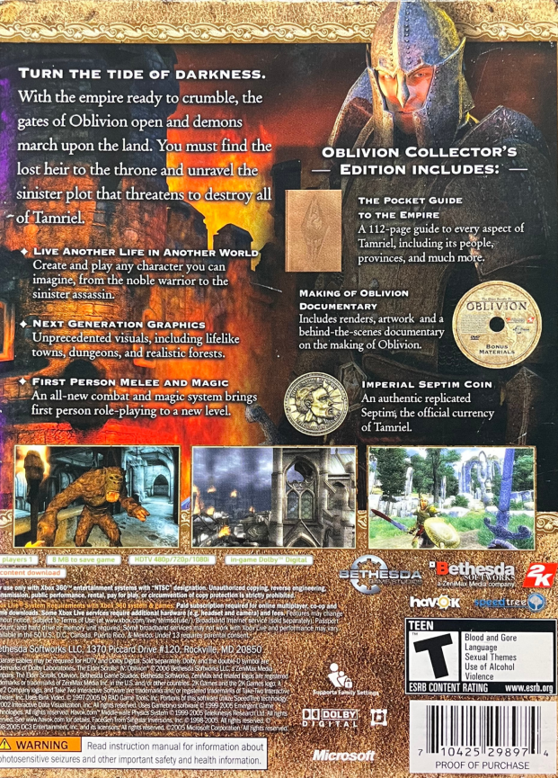 The Elder Scrolls IV Oblivion Collector's Edition Xbox 360 inspired design featuring epic open world fantasy role playing adventure aesthetic vast kingdom exploration magic and sword combat immersive quests rich lore medieval landscapes collector edition presentation rear art