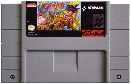 Retro Legend of the Mystical Ninja SNES inspired design featuring classic Konami action adventure aesthetic colorful feudal Japan side scrolling gameplay quirky humor co op battles pixel art exploration nostalgic Super Nintendo presentation cartridge