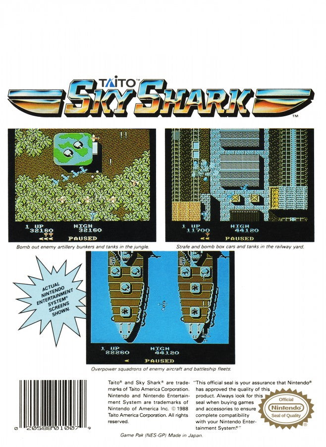 Sky Shark Nintendo Entertainment System NES for retro video game enthusiasts featuring classic vertical scrolling shoot em up gameplay World War II aerial combat fast paced arcade action challenging enemy formations powerful weapon upgrades and collectible gaming appeal back art