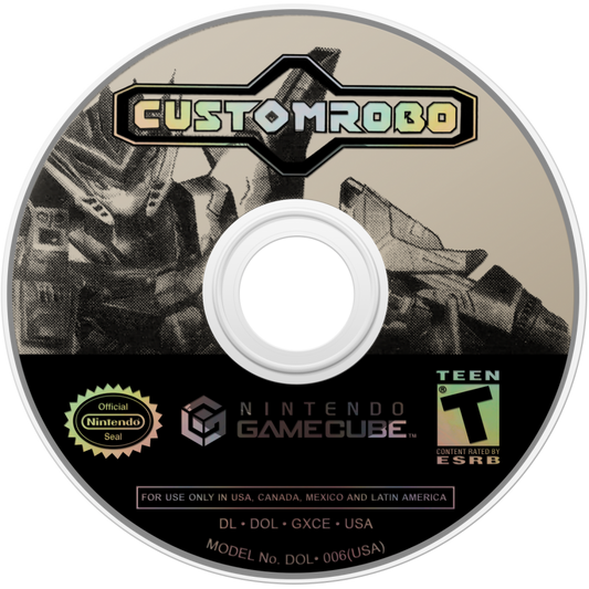 Custom Robo for GameCube, disc for a sci-fi action fighting video game with customizable robots, arena battles, anime-style combat, and multiplayer mech gameplay