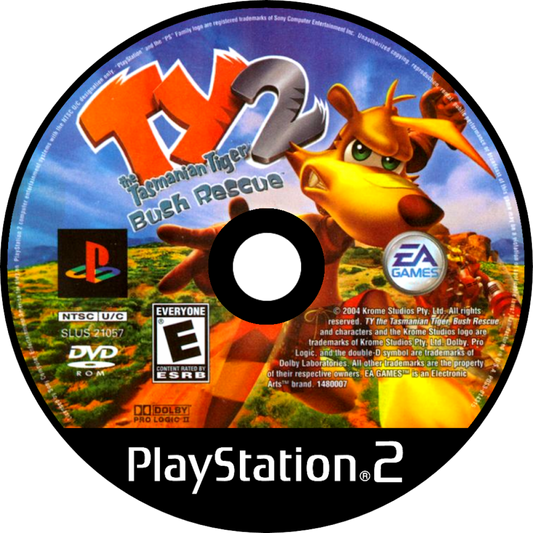 Ty the Tasmanian Tiger 2 Bush Rescue for PlayStation 2 action platformer video game featuring open hub worlds boomerang based combat Australian themed environments and classic cartoon style adventure experience disc