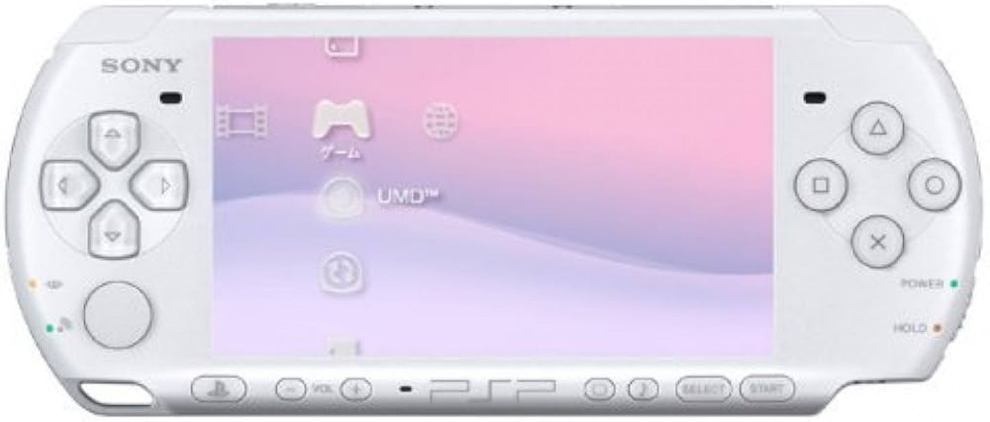 PSP 2000 White Sony PlayStation Portable Slim & Lite handheld gaming console white ceramic finish model PSP-2000 improved screen brightness lighter design UMD disc portable gaming system PSP hardware retro gaming device front