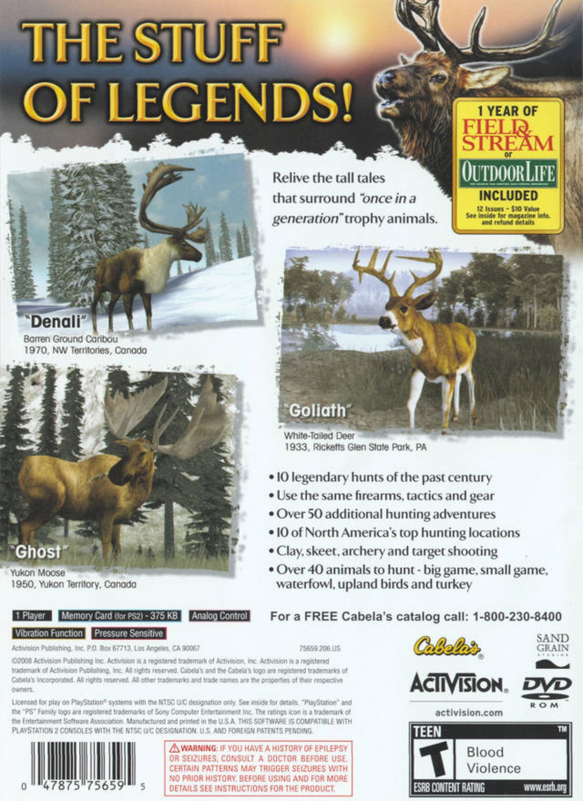 Cabela’s Legendary Adventures for PlayStation 2 with classic big-game hunting theme back cover art