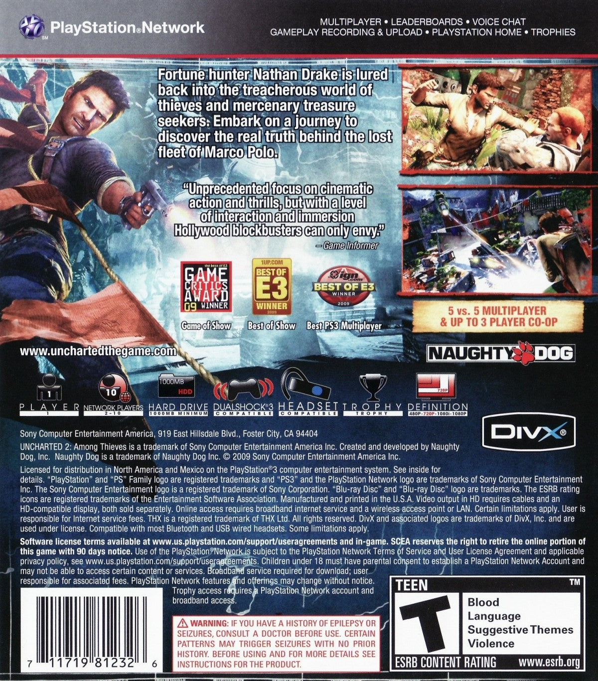 Uncharted 2 Among Thieves Game of the Year Greatest Hits for PlayStation 3, back of case for an action-adventure third-person shooter video game with cinematic storytelling, treasure hunting, platforming, and blockbuster combat gameplay