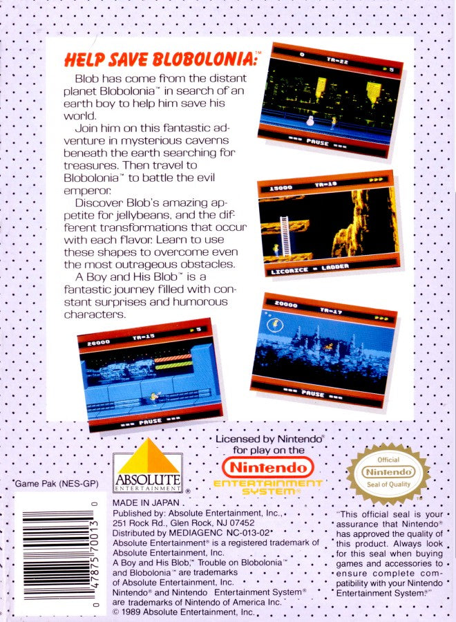 A Boy and His Blob Trouble on Blobolonia retro NES video game A Boy and His Blob puzzle platform adventure exploration cooperative gameplay classic console title Nintendo Entertainment System release back of case