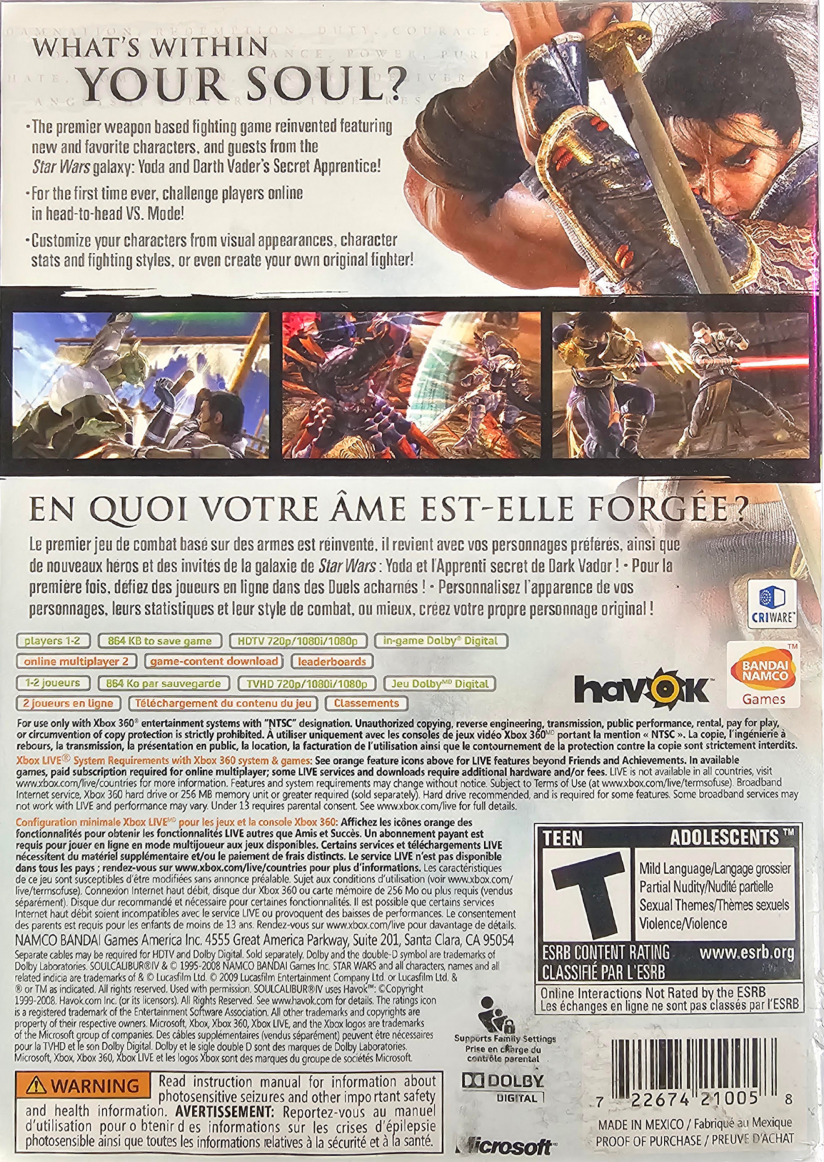 Soulcalibur IV Platinum Hits Xbox 360 video game featuring 3D fighting gameplay iconic warriors weapon based combat arcade action character battles special attacks and competitive gameplay Xbox 360 retro video game collection collectible gaming appeal back cover art