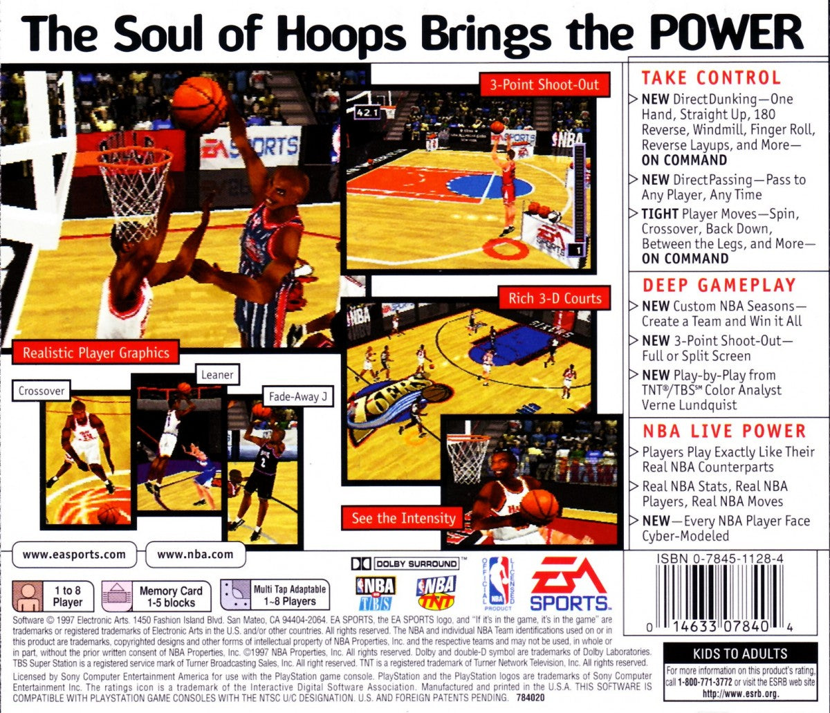 NBA Live 98 basketball simulation game featuring NBA teams and players season mode fast paced gameplay and realistic court action back cover