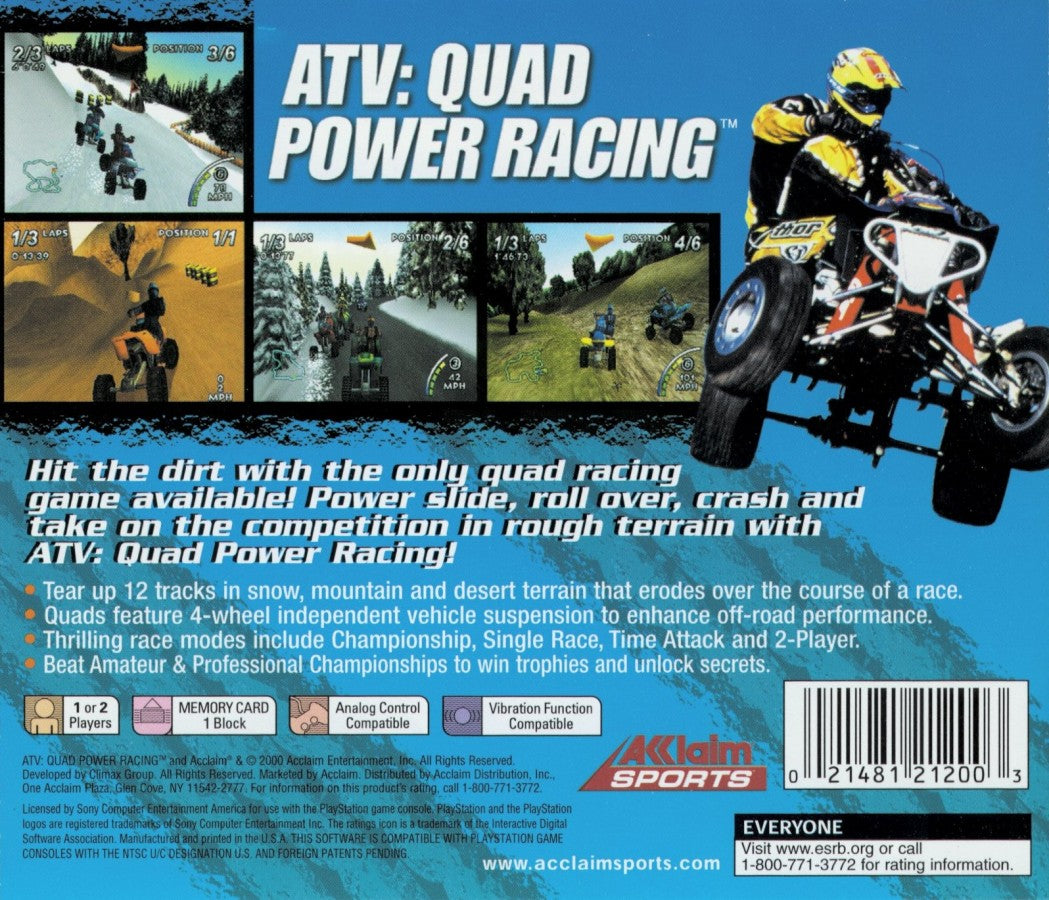 ATV Quad Power Racing retro PlayStation 1 video game featuring ATV racing gameplay, off road competition, arcade style motocross action and classic PS1 entertainment - back of case