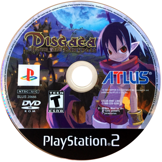 Disgaea Hour of Darkness game for the PlayStation 2 featuring tactical RPG gameplay with grid based battles deep character leveling humorous storylines and over the top mechanics set in the Netherworld starring Laharl and companions disc