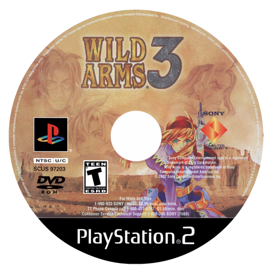 Wild Arms 3 PS2 Sony PlayStation 2 JRPG role playing game cel shaded Western fantasy adventure turn based combat dungeon exploration puzzle solving gunfighter characters story driven gameplay desert world retro gaming PlayStation 2 software video game title disc