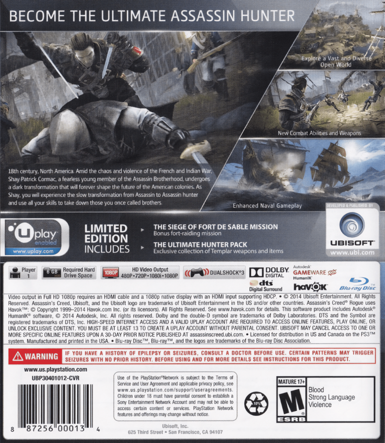 Assassin's Creed: Rogue back cover art for PlayStation 3 (PS3) video game
