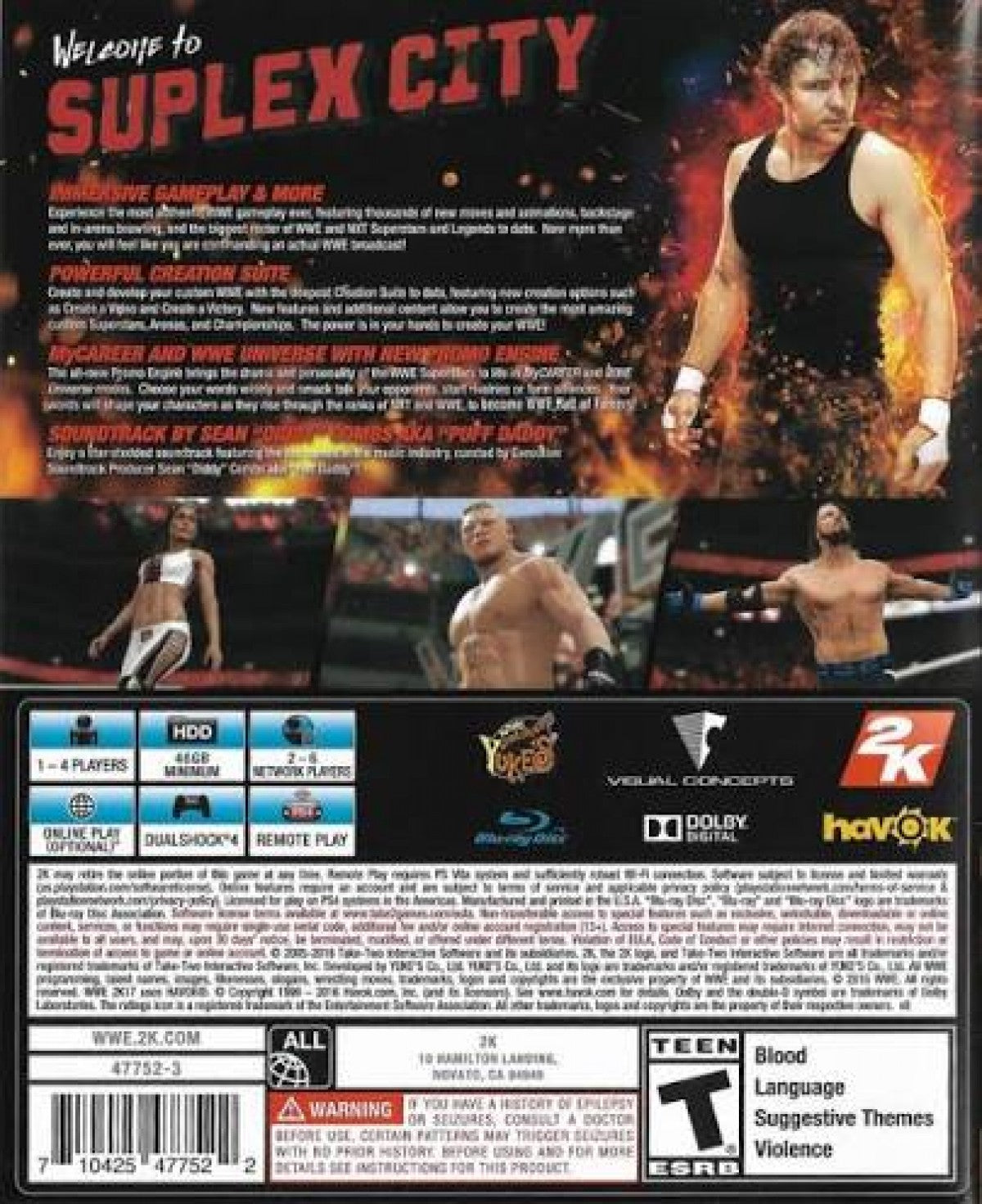 WWE 2K17 PlayStation 4 PS4 for retro video game enthusiasts featuring professional wrestling gameplay authentic WWE Superstars realistic ring combat career mode creation suite signature moves and competitive multiplayer matches and collectible gaming appeal back cover