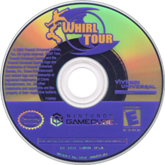 Whirl Tour disc art for GameCube game featuring extreme skateboarding action and high-speed arcade stunt gameplay