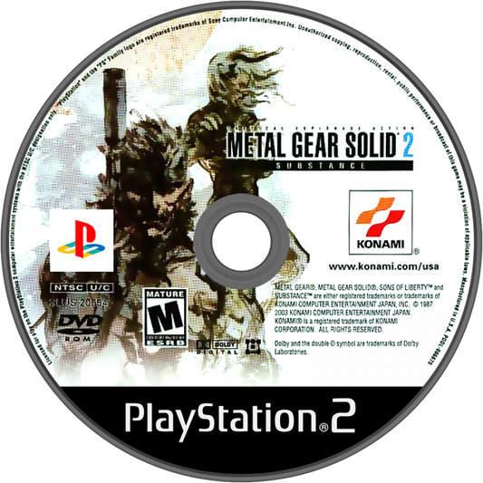 Metal Gear Solid 2 Substance PS2 Sony PlayStation 2 stealth action game tactical espionage gameplay Hideo Kojima Solid Snake Raiden infiltration missions stealth mechanics cinematic story enhanced edition extra missions VR training retro gaming PlayStation 2 software video game title disc