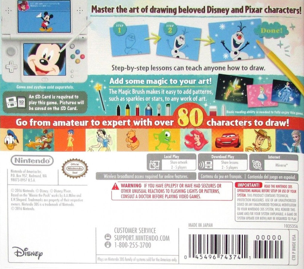 Disney Art Academy for Nintendo 3DS drawing tutorial game featuring Disney and Pixar characters art lessons creative sketching tools and step by step painting gameplay back cover