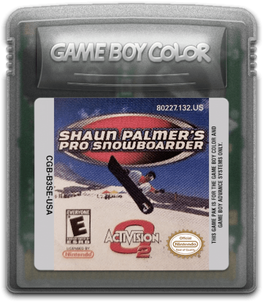 Shaun Palmer's Pro Snowboarder Game Boy Color GBC cartridge for retro video game enthusiasts featuring extreme sports gameplay fast paced snowboarding action downhill racing challenges trick based mechanics winter mountain environments portable handheld gaming excitement and collectible gaming appeal