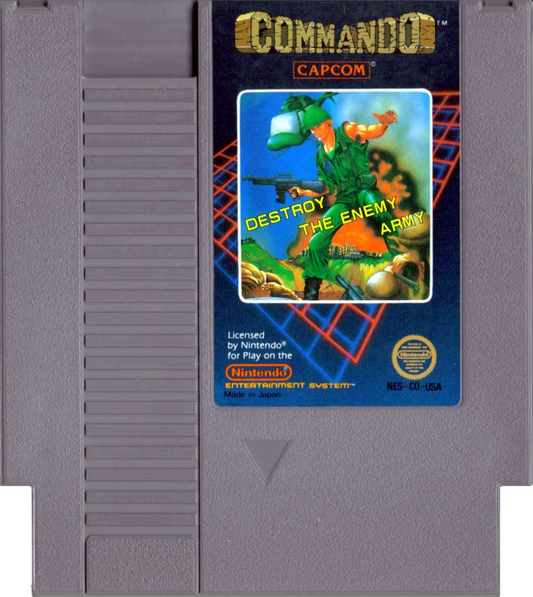 Commando game for the Nintendo Entertainment System featuring top down run and gun gameplay with continuous shooting grenade attacks and mission based stages as players advance through enemy territory in an arcade style military setting cartridge