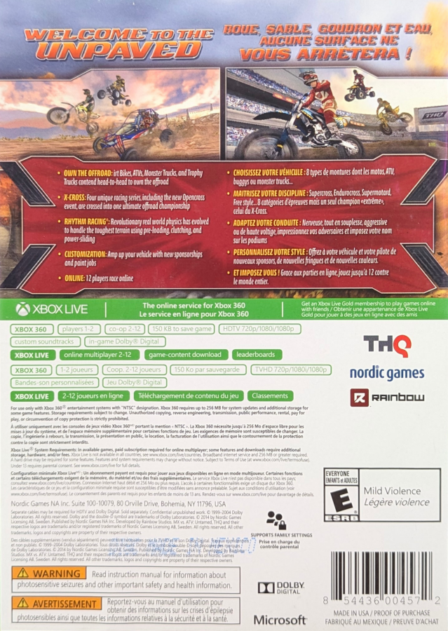 MX vs ATV Untamed Platinum Hits Xbox 360 off-road racing video game X-Cross tournament bringing together eight racing series monster trucks trophy trucks ORV sport vehicles professional riders Ricky Carmichael Chad Reed Rhythm Racing physics engine power slides whips scrubs massive outdoor environments customization online multiplayer competition back cover