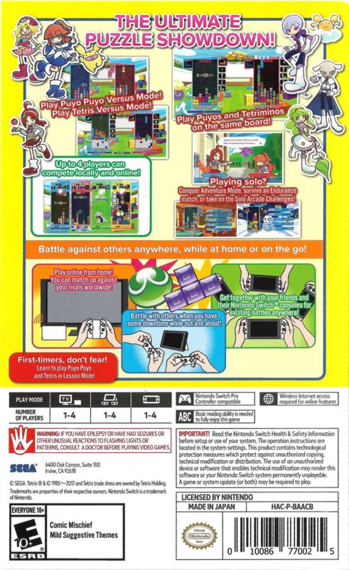 Puyo Puyo Tetris Nintendo Switch game featuring competitive puzzle gameplay combining classic Puyo Puyo and Tetris action back cover