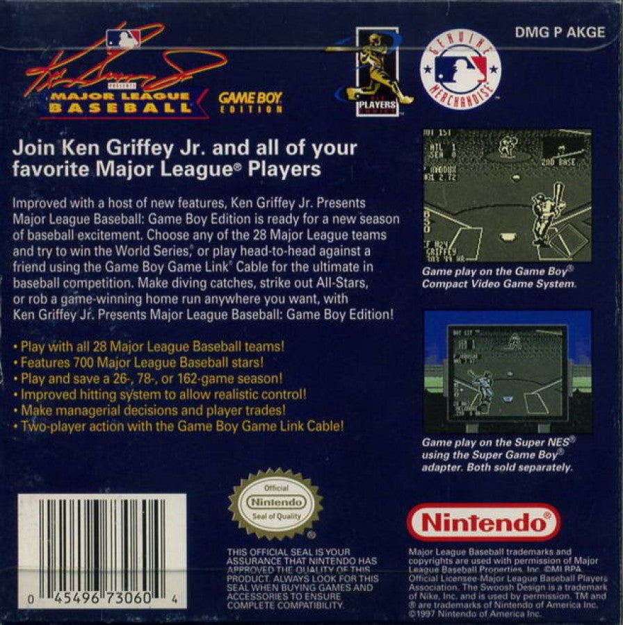 Ken Griffey Jr Presents Major League Baseball back cover art for Game Boy (GB) video game