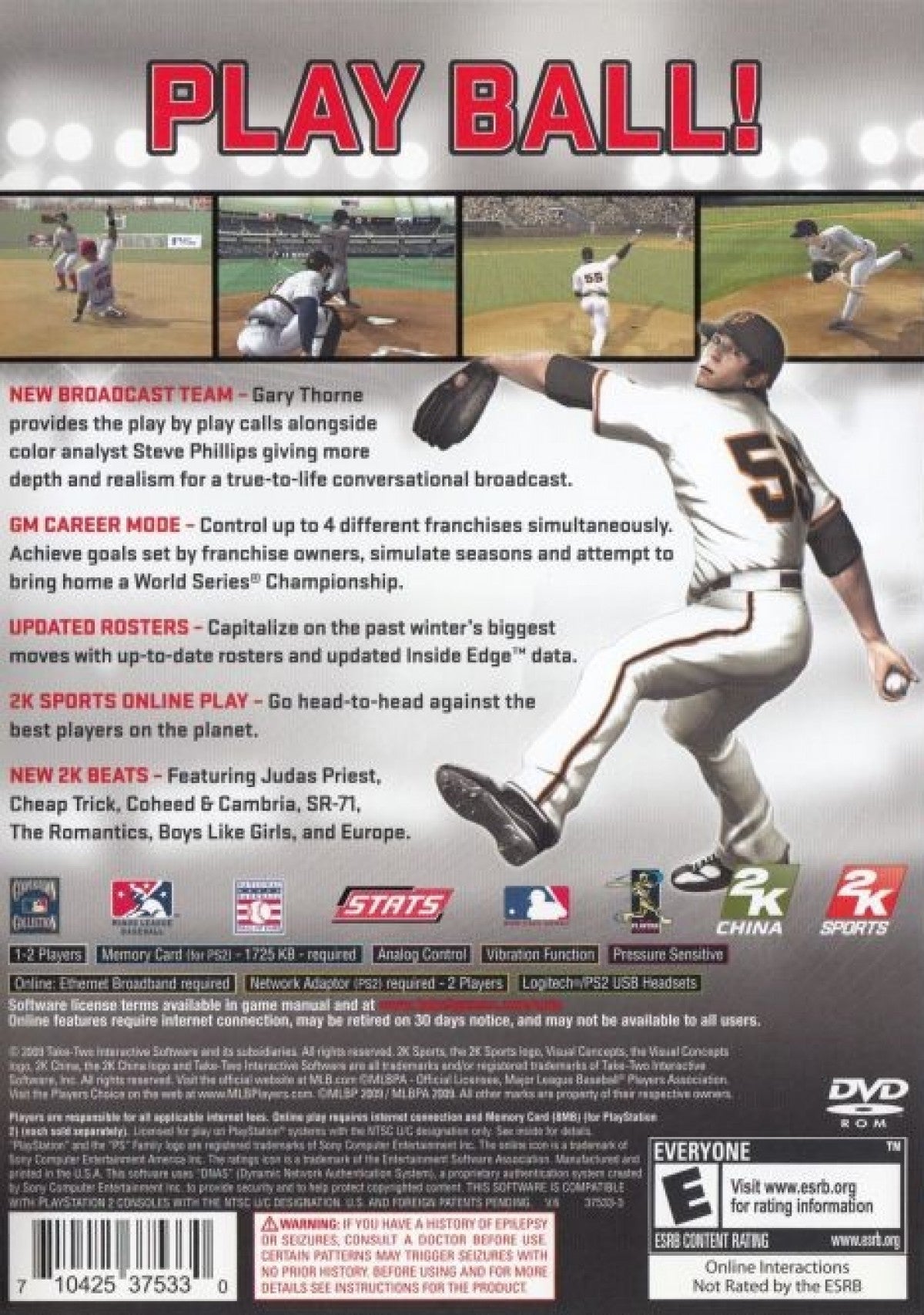 Major League Baseball 2K9 back cover art for PlayStation 2 (PS2) sports video game