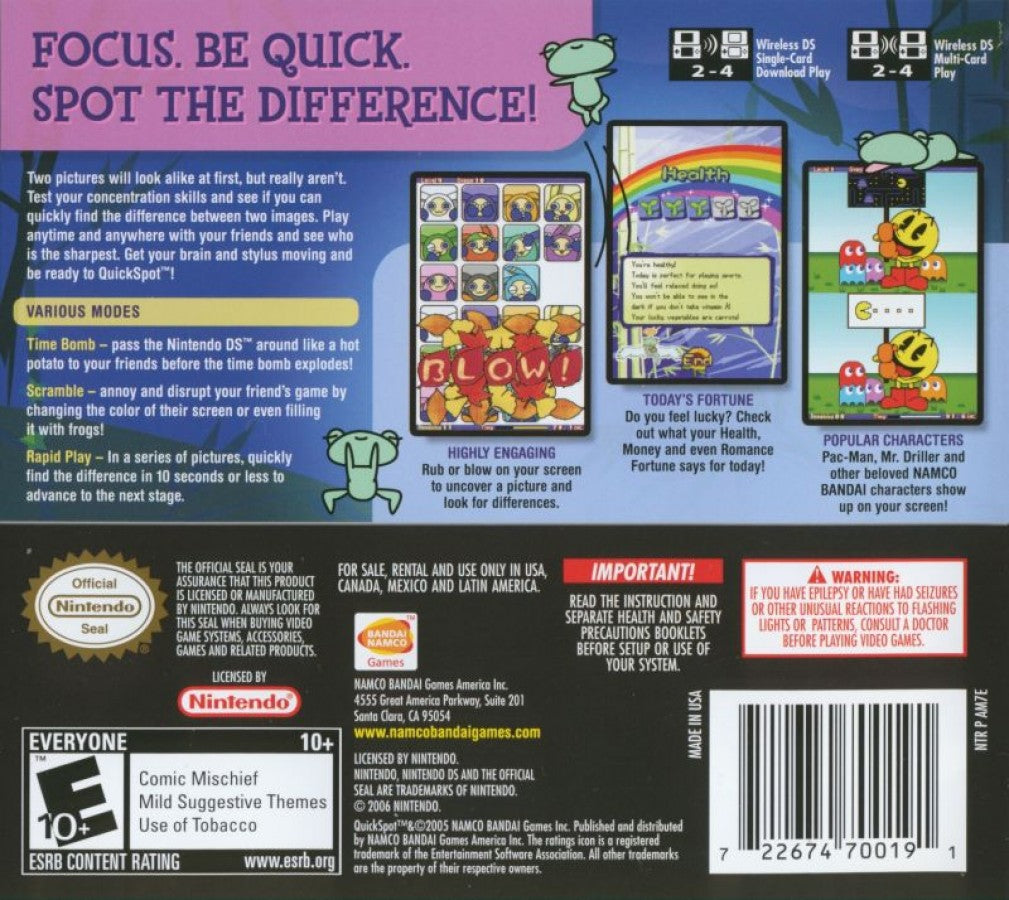 Quick Spot Nintendo DS for puzzle video game fans featuring fast paced spot the difference gameplay touch screen controls brain training challenges quick reflexes family friendly fun colorful visuals portable handheld entertainment collectible gaming appeal back cover art