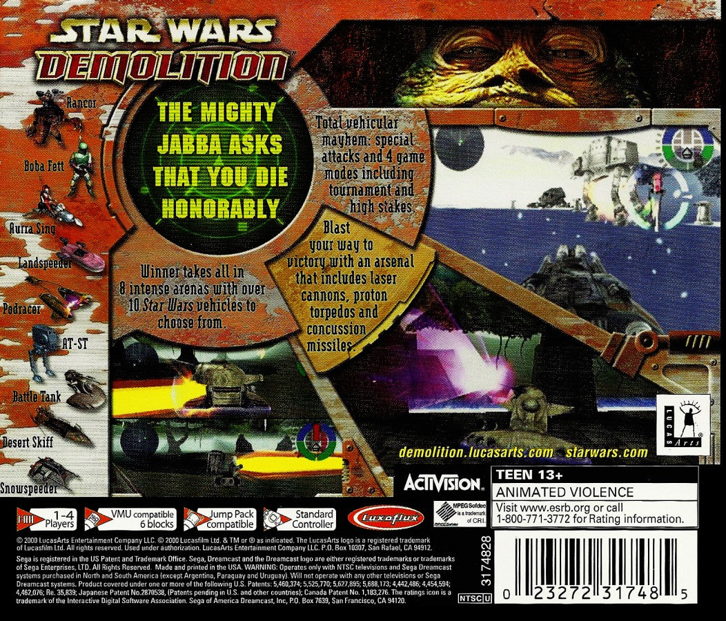 Star Wars Demolition Sega Dreamcast DC for retro video game enthusiasts featuring vehicular combat gameplay Star Wars battles explosive arena combat iconic vehicles multiplayer action destructive weapons fast paced arcade excitement classic Dreamcast collectible gaming appeal back cover
