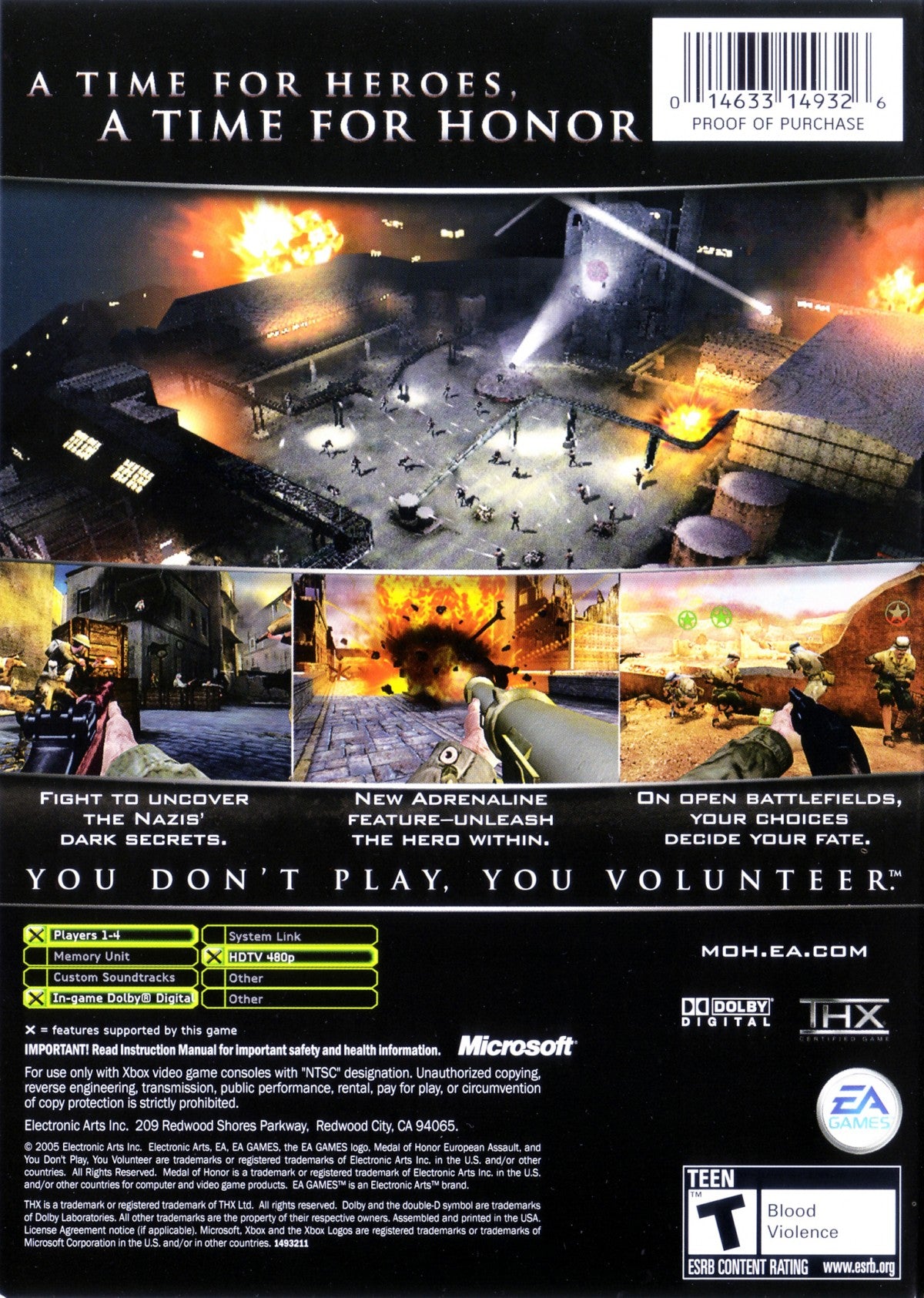 Medal of Honor European Assault game featuring WWII first person shooter action, immersive historical battles, and cinematic combat missions back cover art
