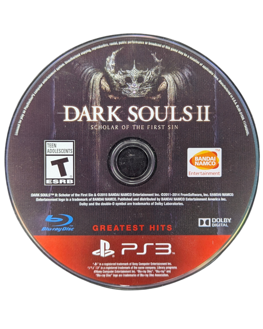 Dark Souls II Scholar of the First Sin Greatest Hits PlayStation 3 challenging action RPG punishing difficulty expanded definitive edition includes all three DLC Crown of the Sunken King Crown of the Old Iron King Crown of the Ivory King enhanced enemy placement improved graphics additional NPCs FromSoftware masterpiece brutal combat character customization multiplayer invasions cooperative summons bonfire system deep lore intricate world design disc