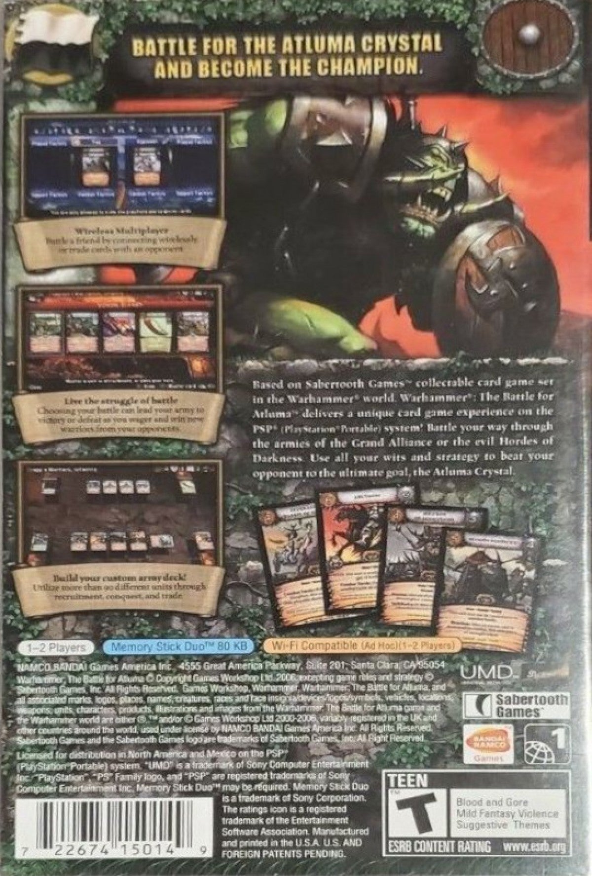 Warhammer Battle for Atluma PlayStation Portable PSP inspired design featuring strategic card based combat aesthetic Warhammer fantasy universe factions tactical deck building gameplay turn based battles dark fantasy artwork and portable strategy gaming presentation back cover