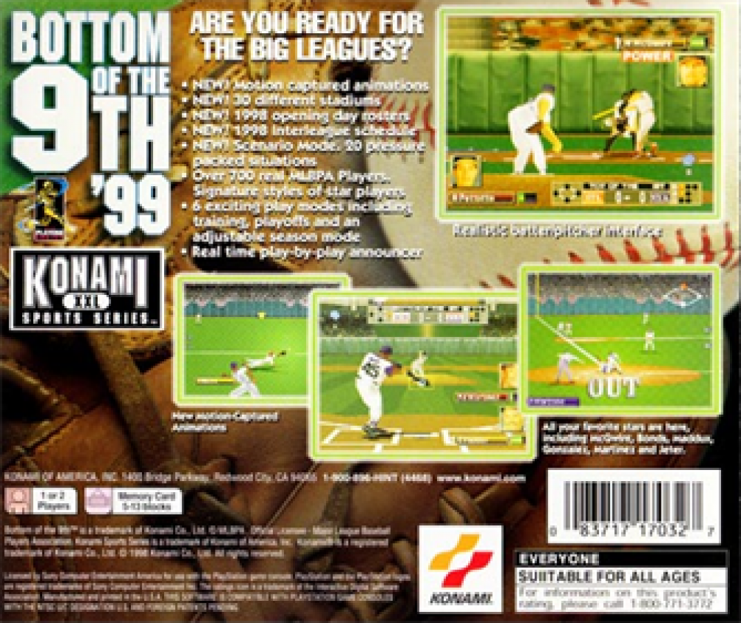 MLBPA: Bottom of the 9th '99 back of case for PlayStation 1 (PS1) retro baseball video game