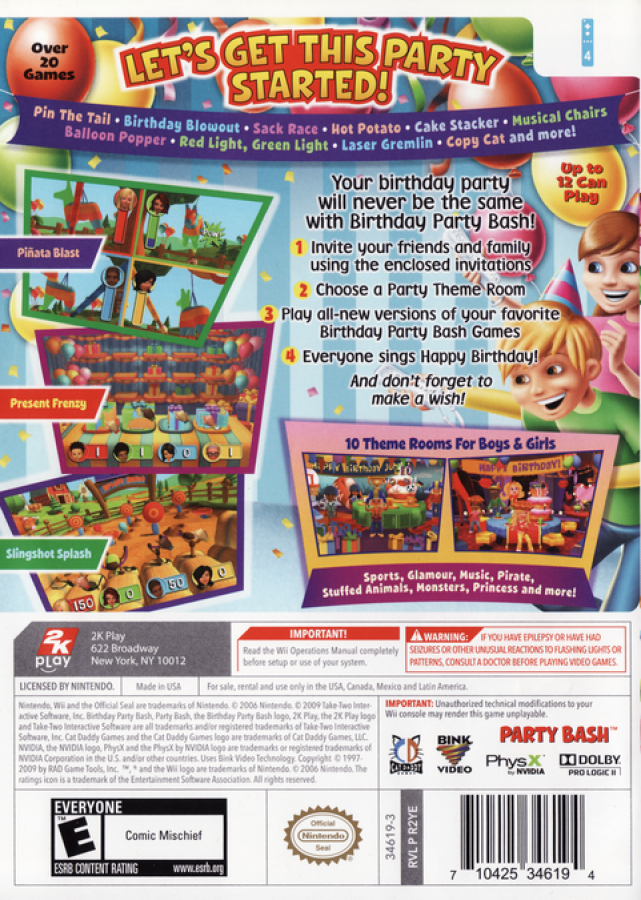 Birthday Party Bash back cover art for Nintendo Wii (Wii) video game