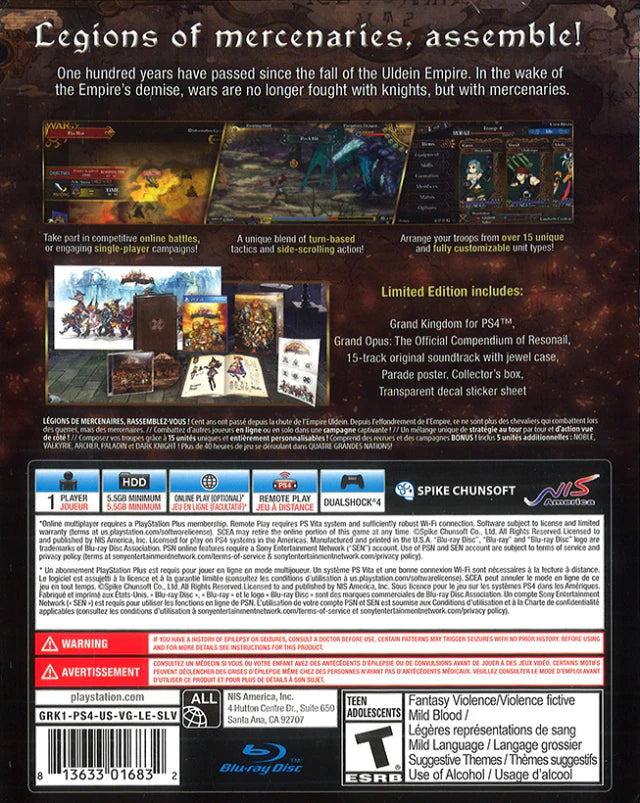 Grand Kingdom Limited Edition retro PlayStation 4 video game featuring tactical strategy RPG combat, anime style characters, turn based warfare and fantasy adventure gameplay - back of box